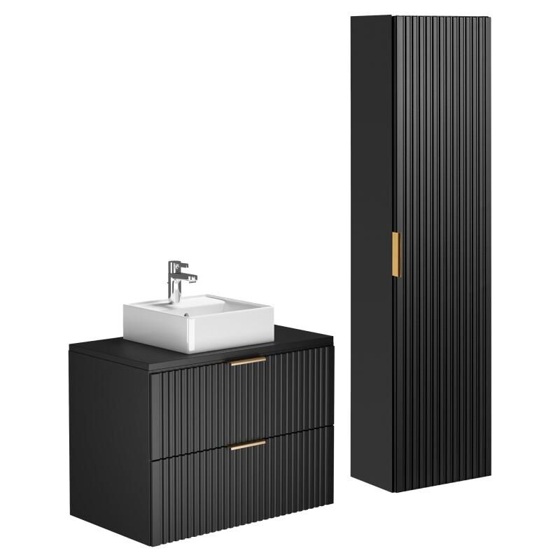 foto del prodotto mobile per bagno sospeso con scanalature e lavabo da appoggio e colonna 80 cm nero zevara