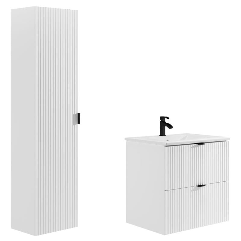 foto del prodotto mobile per bagno sospeso con scanalature e lavabo da incasso e colonna 60 cm bianco opaco zevini