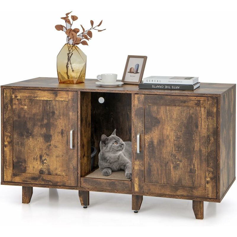 foto del prodotto mobile per lettiera per gatti 120 x 52 x 65 cm, casetta per gatti con 2 ante, fori, tiragraffi e gambe staccabili, mobile versatile e moderno per