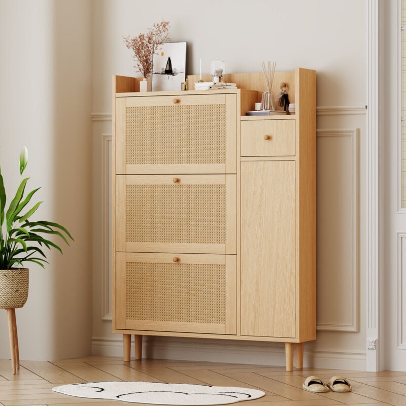 foto del prodotto mobile per scarpe, armadio per scarpe in legno di rattan, 3 porte e 1 cassetto, gambe e maniglie in legno, naturale