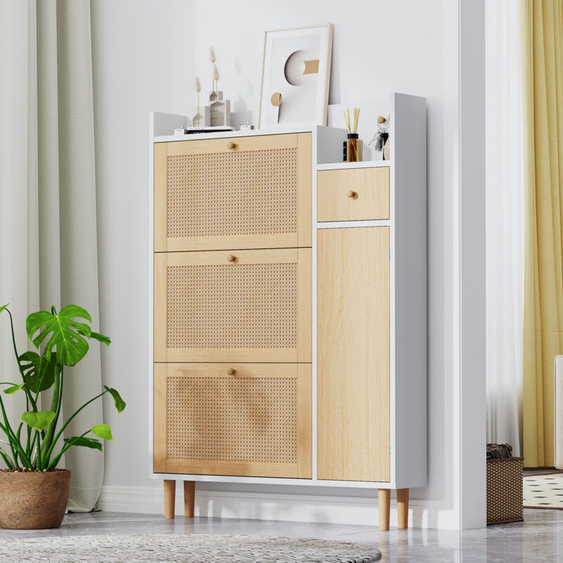 foto del prodotto mobile per scarpe, armadio per scarpe in legno di rattan, 3 porte e 1 cassetto, gambe e maniglie in legno, naturale bianco