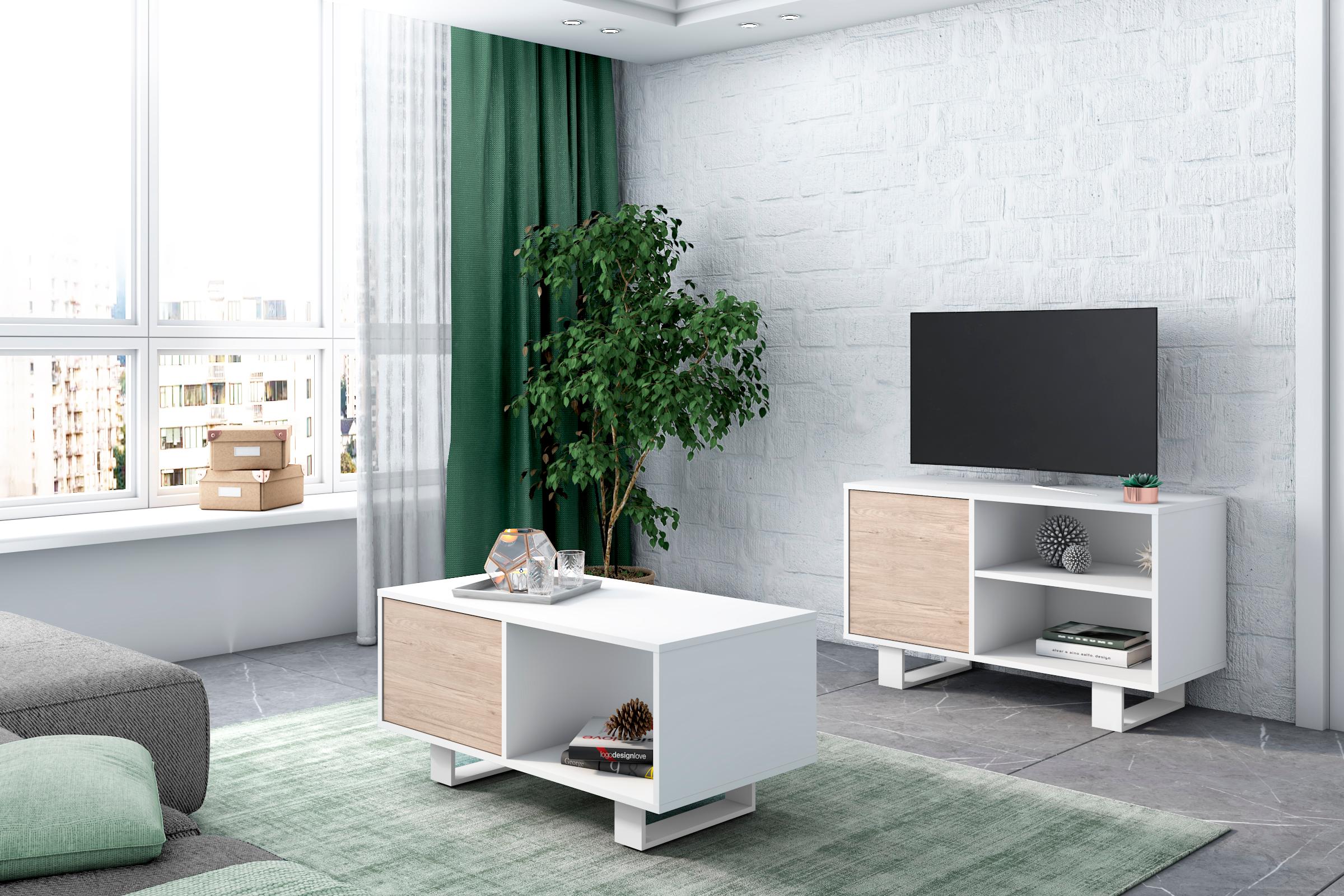 foto del prodotto mobile per soggiorno composto da 1 mobile tv100 e 1 tavolino bianco colore rovere, gambe bianche rf1126