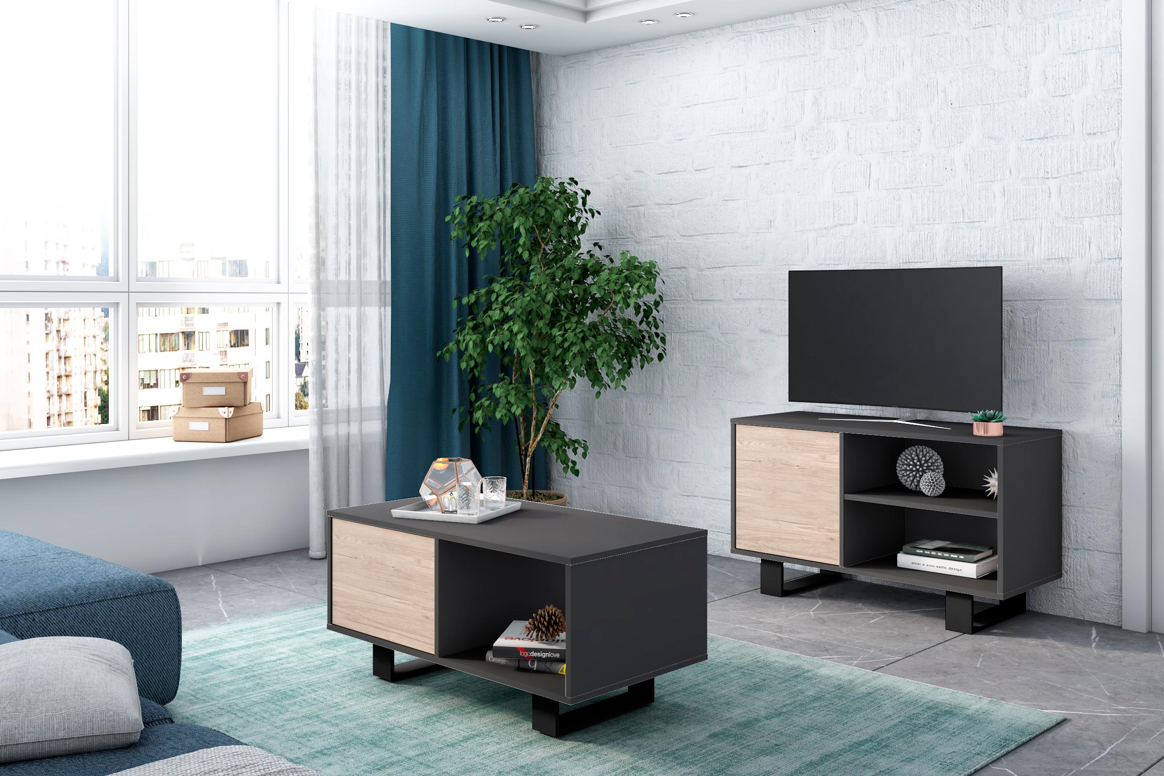 foto del prodotto mobile per soggiorno e sala da pranzo composto da 1 mobile tv100 e 1 tavolino colore grigio e colore rovere con gambe nere rf1122