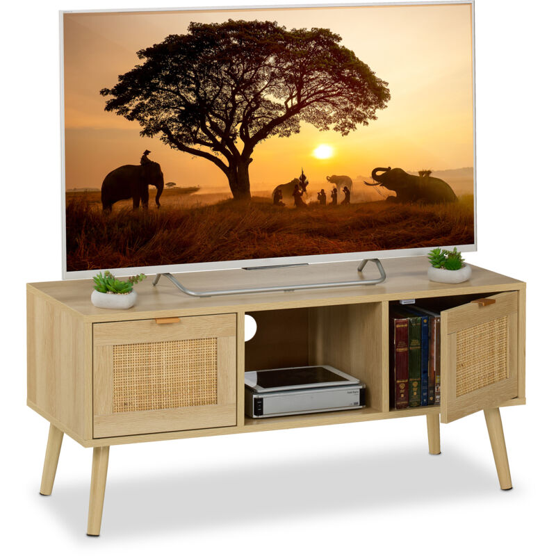 foto del prodotto mobile per tv, design in rattan, mobiletto porta televisore ds 43 , hlp 45,5x100x40 cm, tavolo basso legno relaxdays
