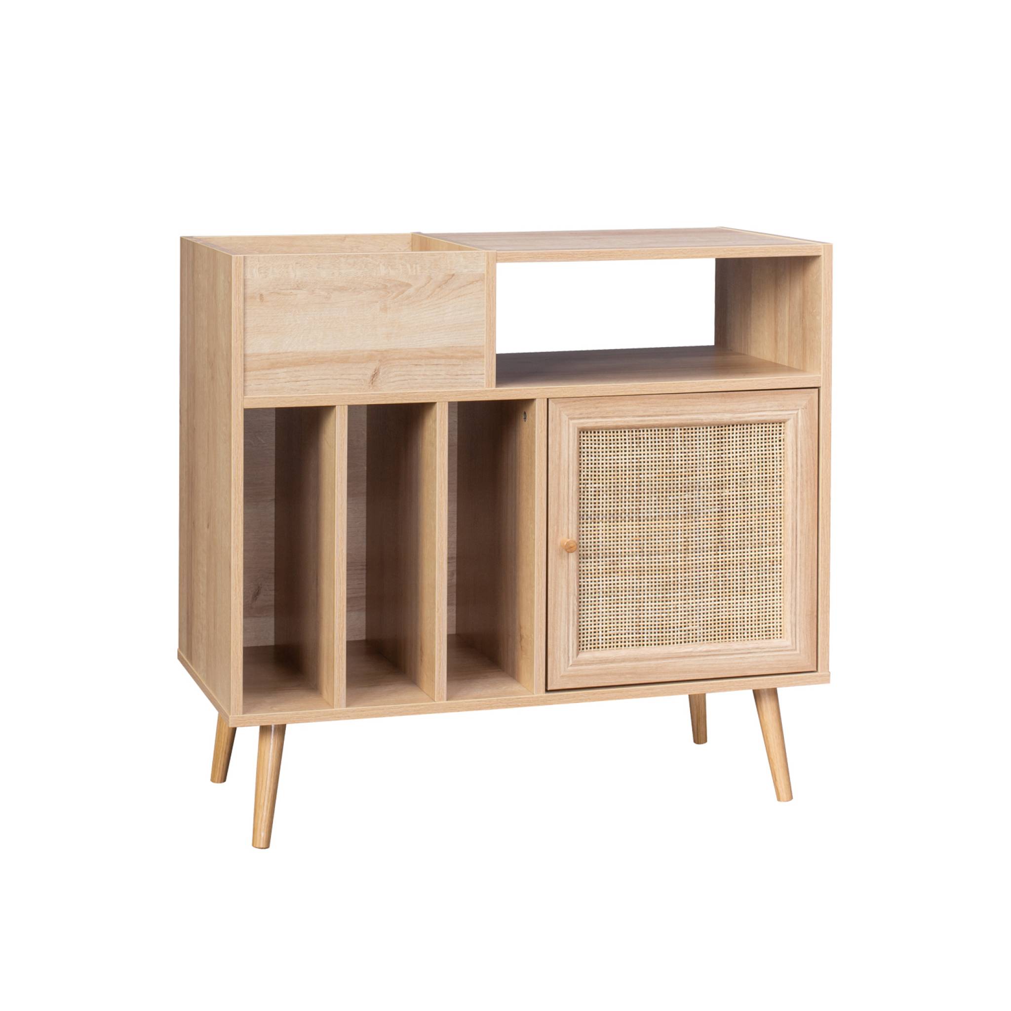 foto del prodotto mobile per vinili con decorazioni in canna e legno, marrone naturale