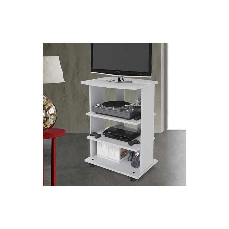 foto del prodotto mobile porta pc e stampante in legno bianco. carrello