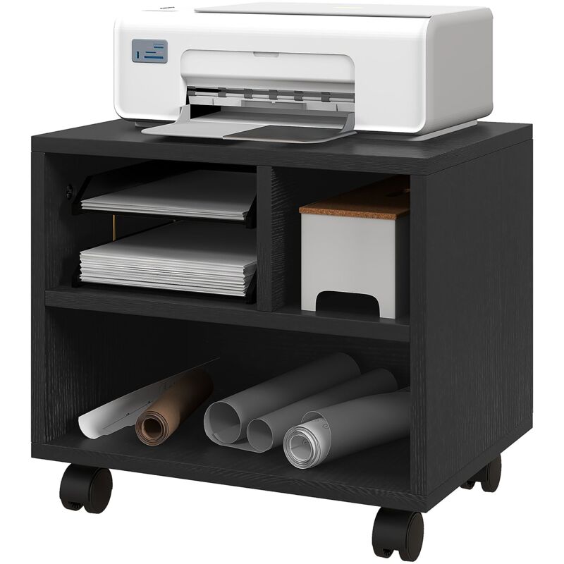 foto del prodotto mobile porta stampante a 2 livelli con 3 scomparti e ruote per ufficio e studio 40x30x36 cm in truciolato nero