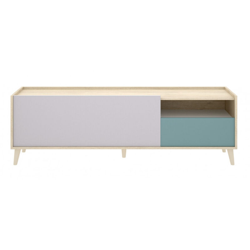 foto del prodotto mobile porta tv 155x43x47 cm rovere naturale, grigio smeraldo e bianco opaco con una ribalta ed un cassetto cecina