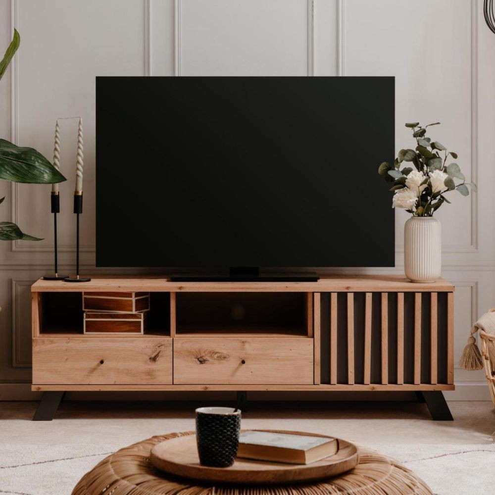 foto del prodotto mobile porta tv 2 cassetti e anta con vani a giorno medan56a colore rovere antracite