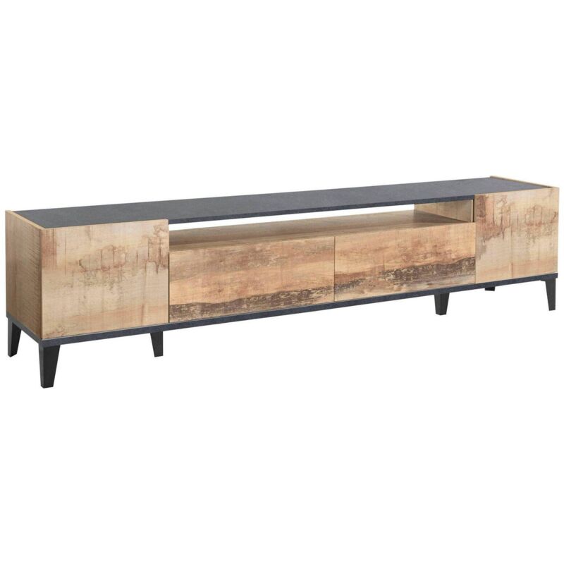 foto del prodotto mobile porta tv abina, credenza bassa da soggiorno a 2 ante, base porta televisione, 100 made in italy, cm 200x40h47, ardesia e acero dmora