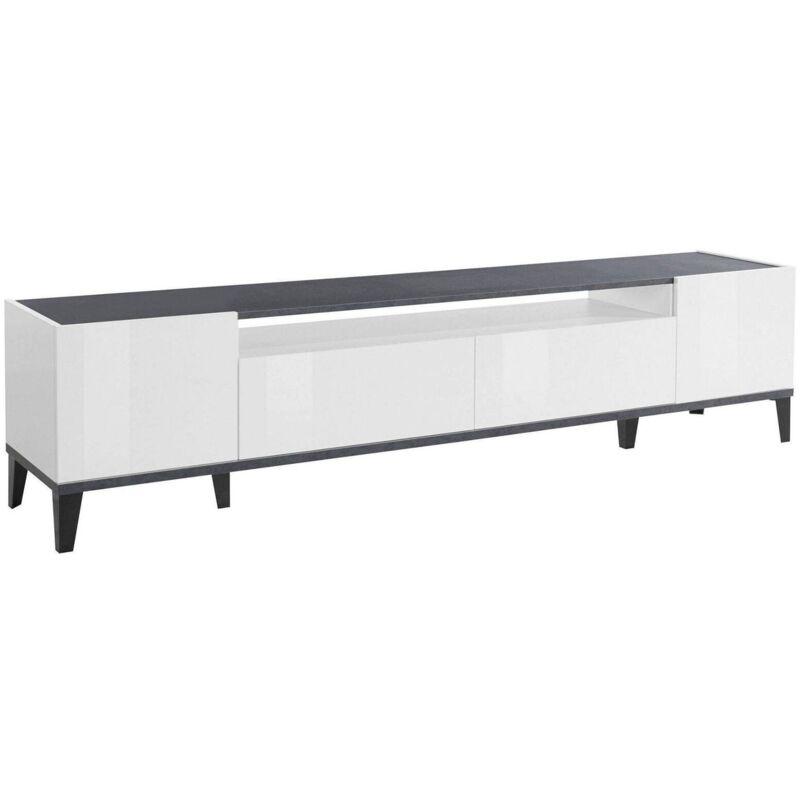 foto del prodotto mobile porta tv abina, credenza bassa da soggiorno a 2 ante, base porta televisione, 100% made in italy, cm 200x40h47, bianco lucido e ardesia - dmora