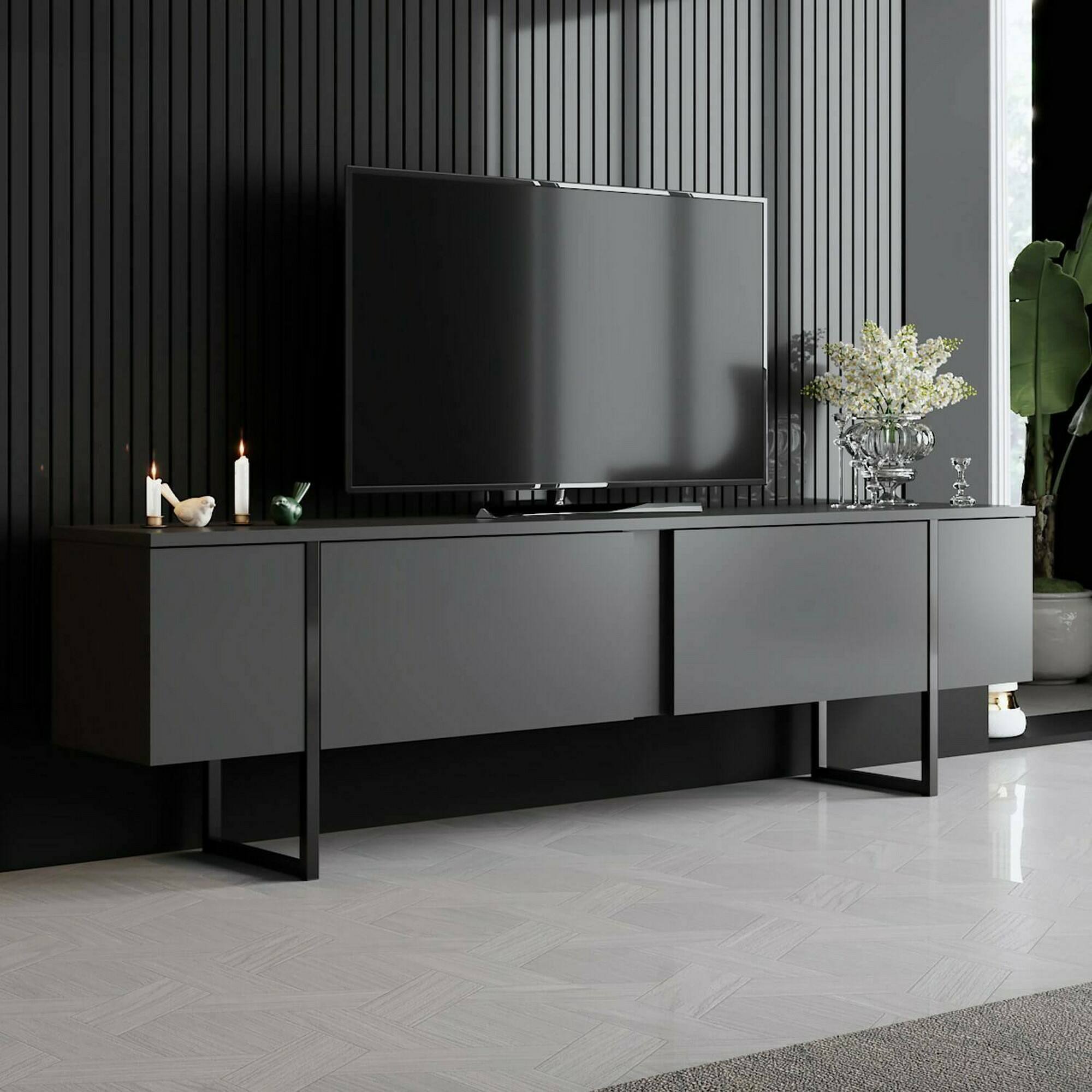 foto del prodotto mobile porta tv abishia, credenza da soggiorno, armadio basso per tv, base parete attrezzata, 180x30h50 cm, antracite e nero