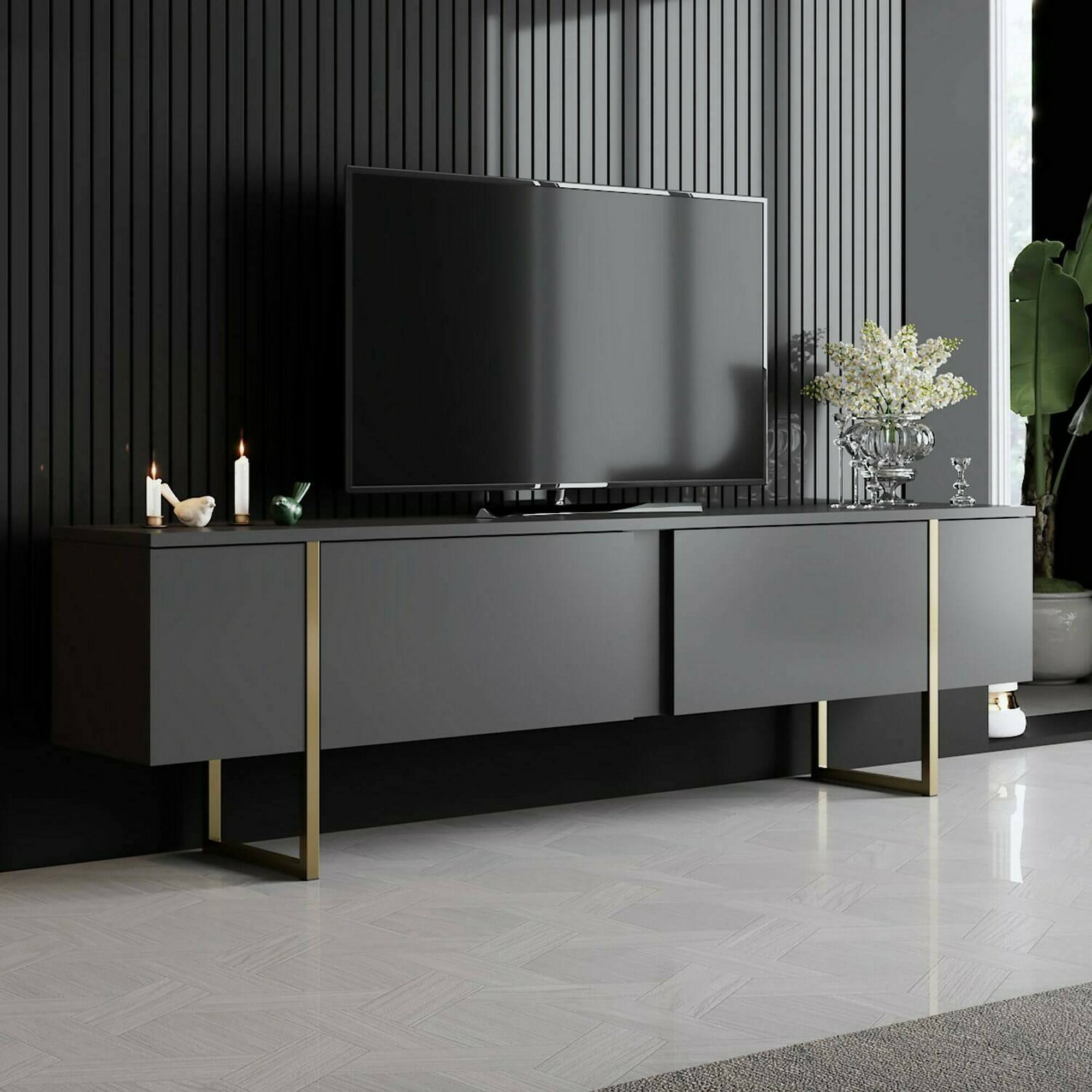 foto del prodotto mobile porta tv abishia, credenza da soggiorno, armadio basso per tv, base parete attrezzata, 180x30h50 cm, antracite e oro
