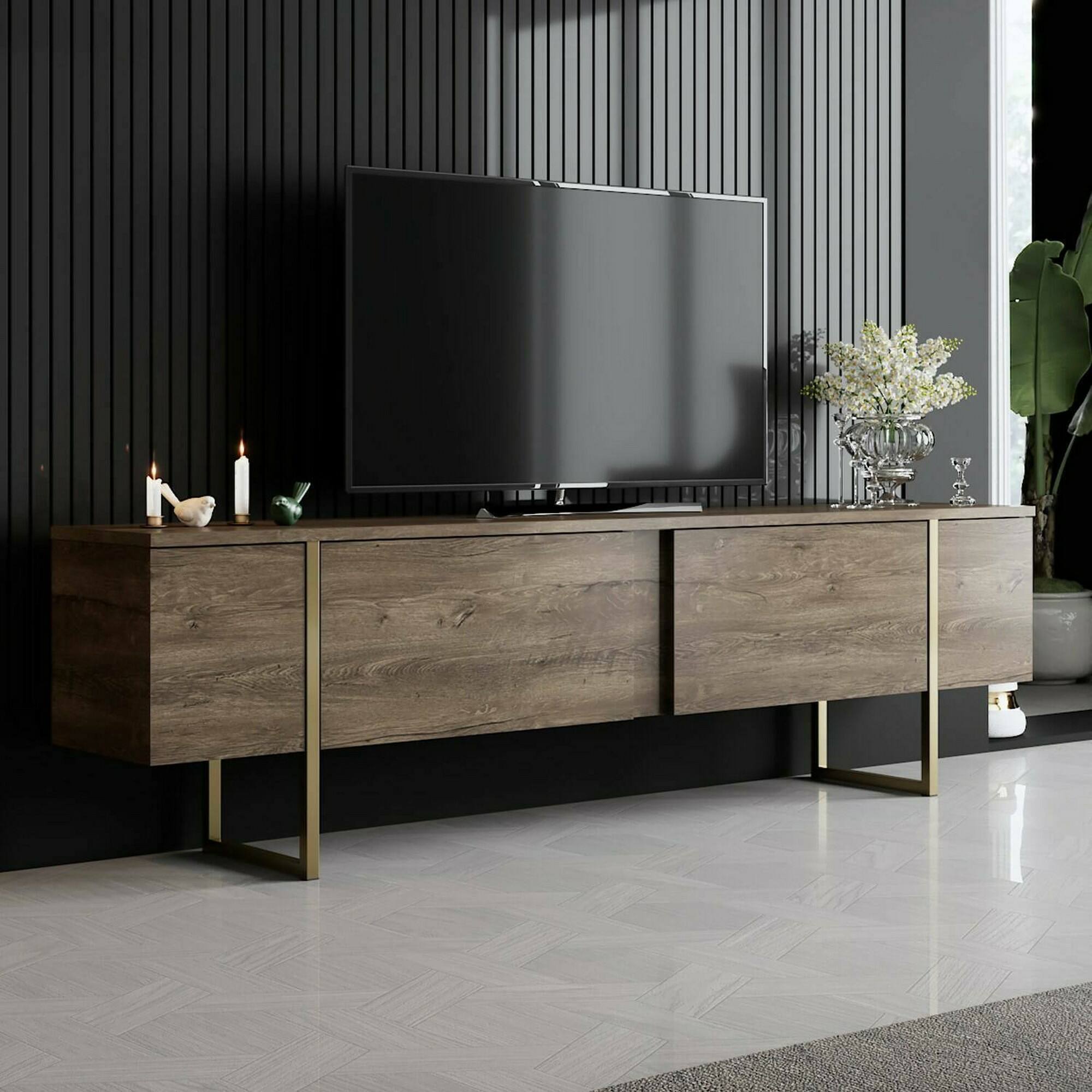 foto del prodotto mobile porta tv abishia, credenza da soggiorno, armadio basso per tv, base parete attrezzata, 180x30h50 cm, noce e oro
