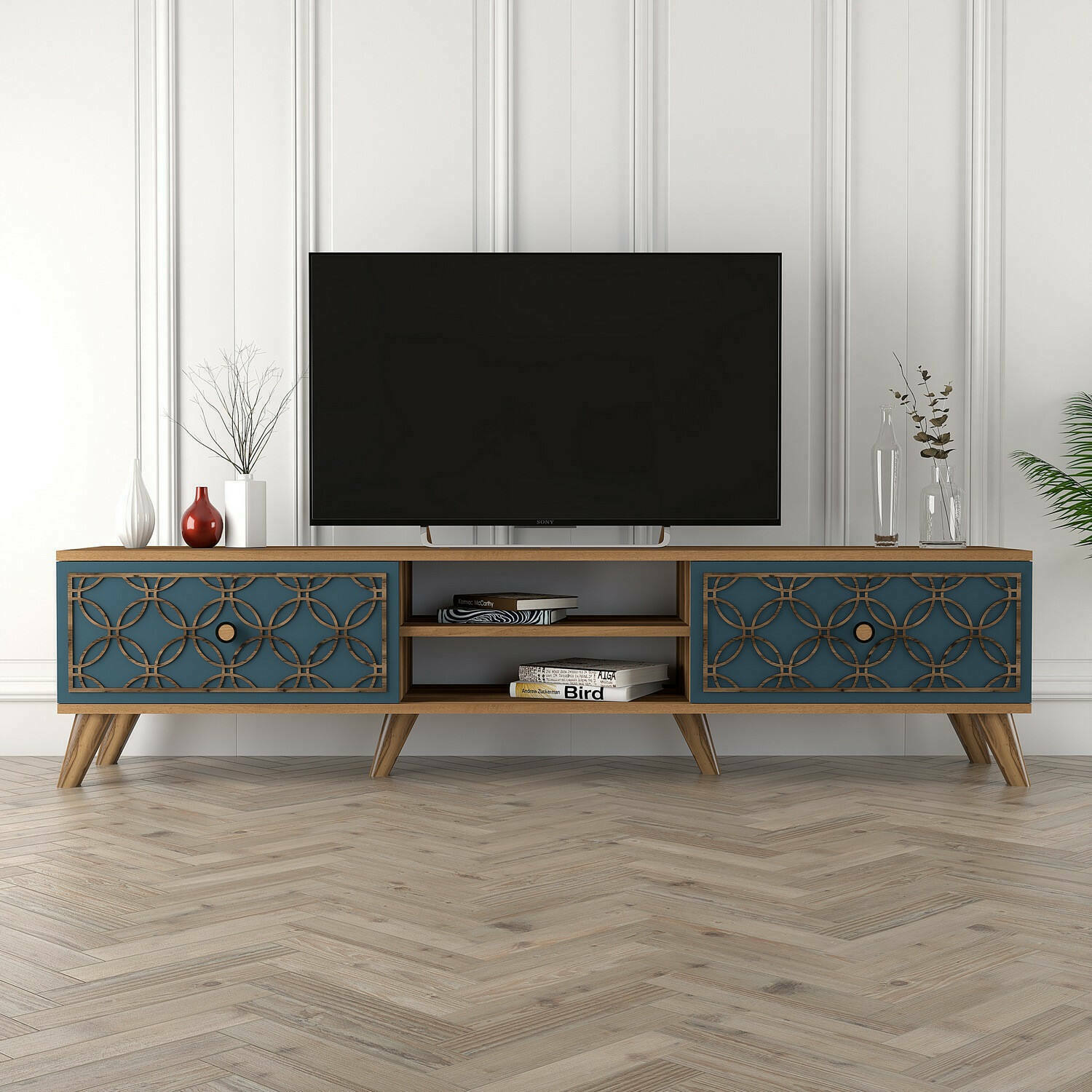 foto del prodotto mobile porta tv albonese, credenza da soggiorno, armadio basso per tv, base parete attrezzata, 180x35 h44 cm, noce e blu