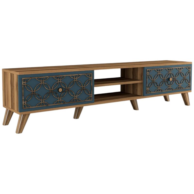 foto del prodotto mobile porta tv albonese, credenza da soggiorno, armadio basso per tv, base parete attrezzata, 180x35 h44 cm, noce e blu dmora