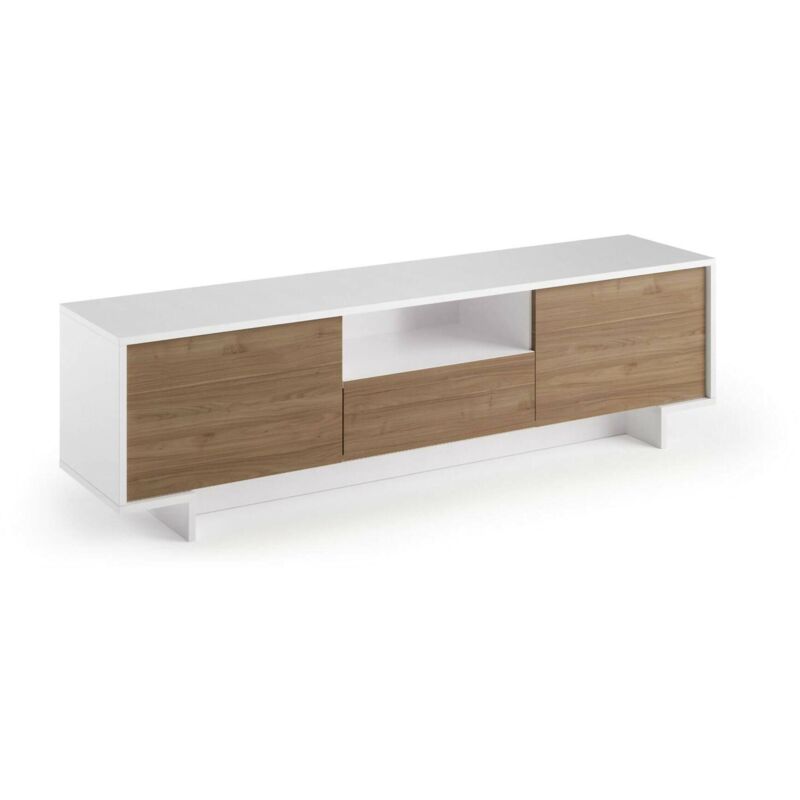 foto del prodotto mobile porta tv andromeda, supporto per tv da salotto, credenza bassa da soggiorno a 2 ante e 1 cassetto, 100% made in italy, 170x42h48 cm, bianco e rovere, con imballo rinforzato - dmora
