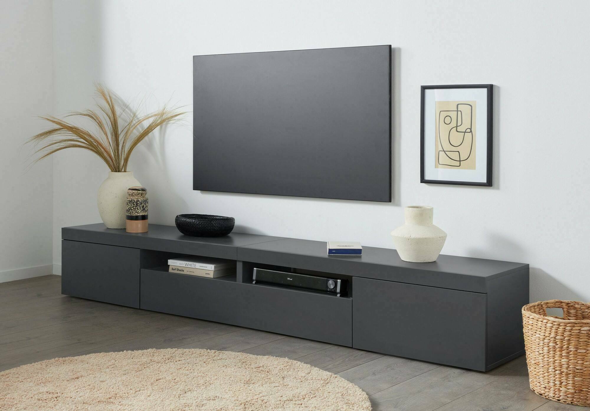 foto del prodotto mobile porta tv animali, credenza bassa da soggiorno a 3 ante, base porta tv, 240x40h35 cm, antracite