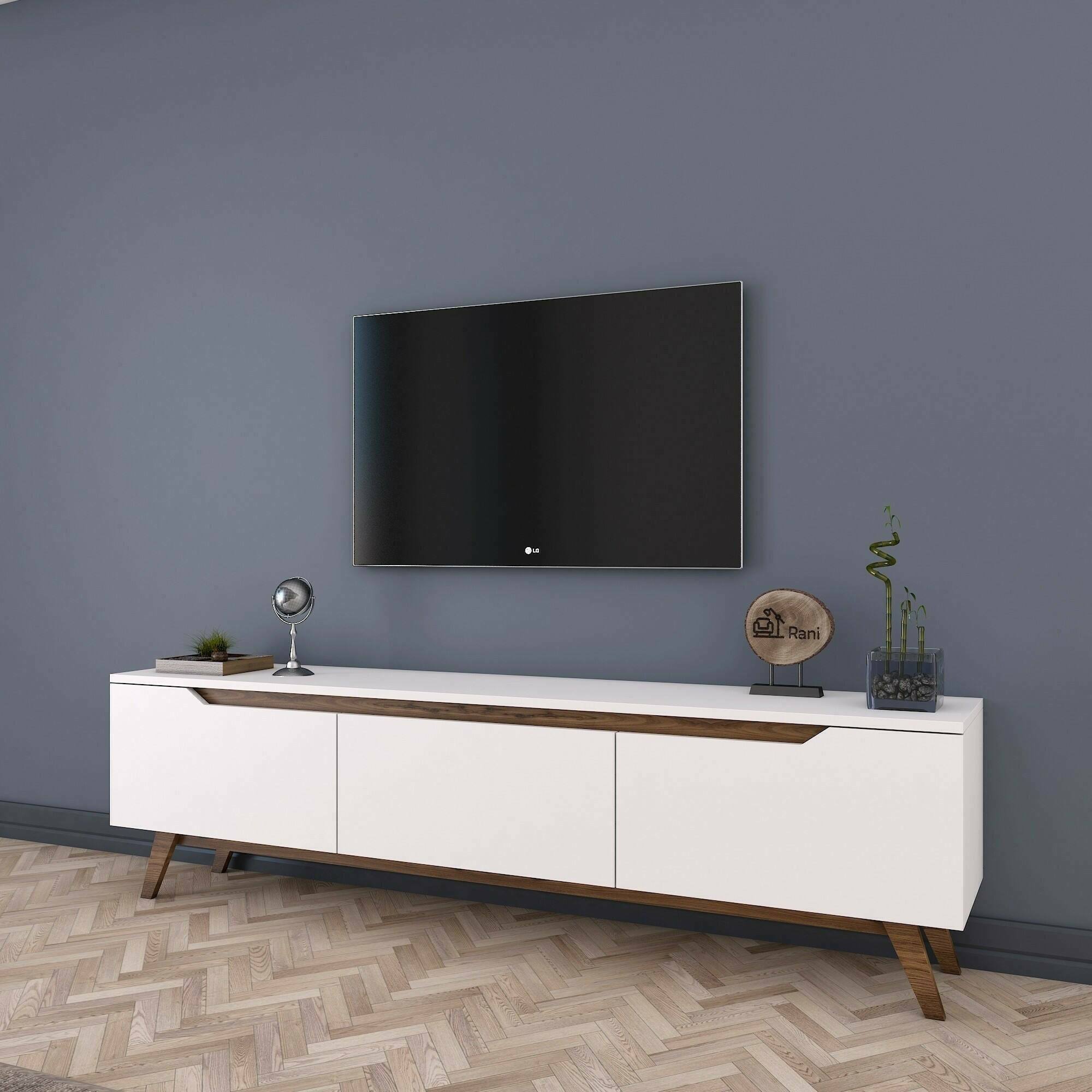 foto del prodotto mobile porta tv apatite, credenza da soggiorno, armadio basso per tv, base parete attrezzata, 180x35h49 cm, bianco e noce