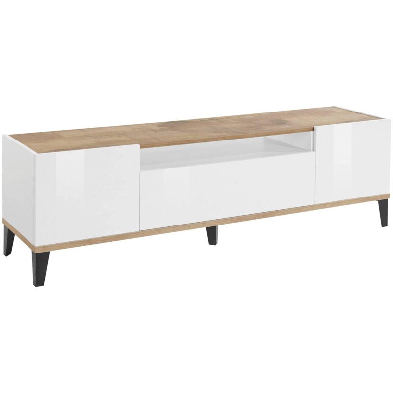 foto del prodotto mobile porta tv argentoro, credenza bassa da soggiorno a 2 ante, base porta televisione, 100 made in italy, cm 160x40h47, bianco lucido e acero