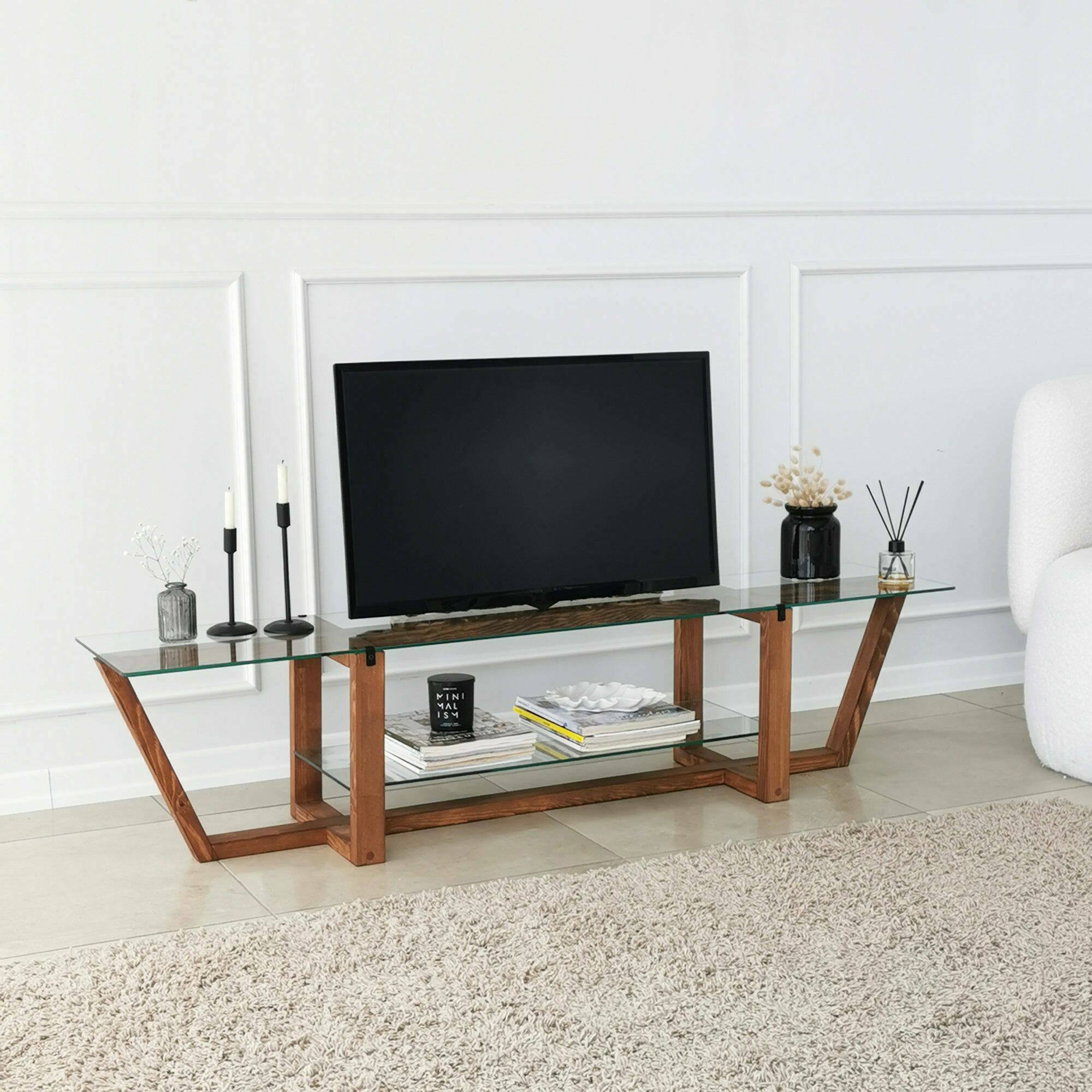 foto del prodotto mobile porta tv arienzo, credenza da soggiorno, armadio basso per tv, base parete attrezzata, 158x35h35 cm, noce