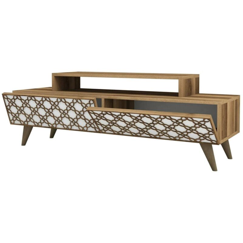 foto del prodotto mobile porta tv arnara, credenza da soggiorno, armadio basso per tv, base parete attrezzata, 140x42h49 cm, noce e bianco dmora