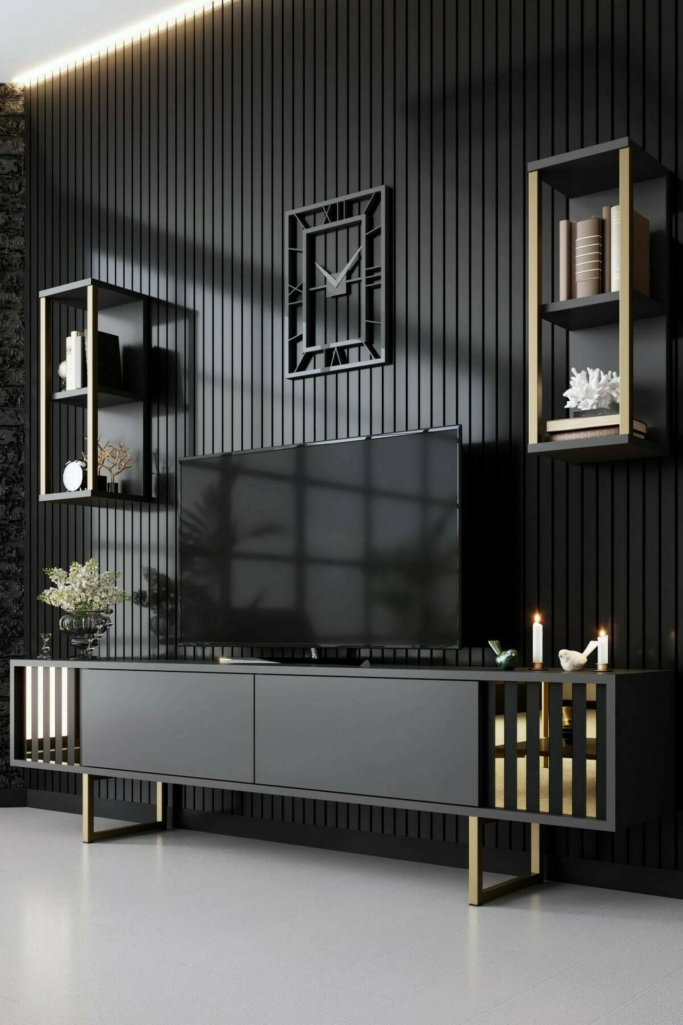 foto del prodotto mobile porta tv artinay, credenza da soggiorno, armadio basso per tv, base parete attrezzata, 180x30h48 cm, antracite e oro