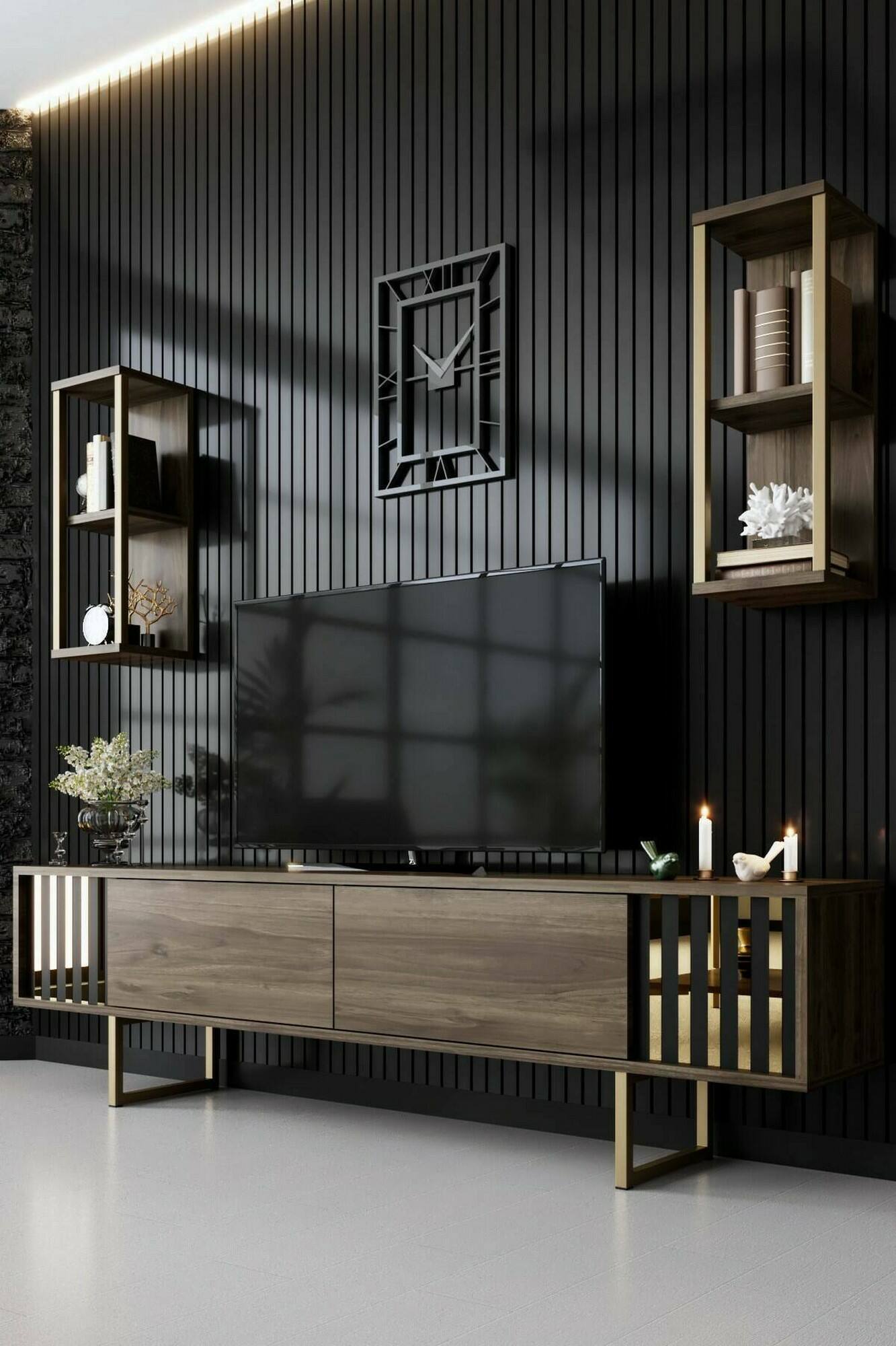 foto del prodotto mobile porta tv artinay, credenza da soggiorno, armadio basso per tv, base parete attrezzata, 180x30h48 cm, noce e nero