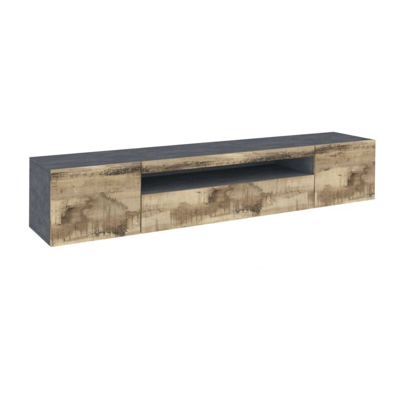 foto del prodotto mobile porta tv artropodi, credenza bassa da soggiorno a 3 ante, base porta televisione, 100 made in italy, cm 200x40h37, ardesia e acero, con luce