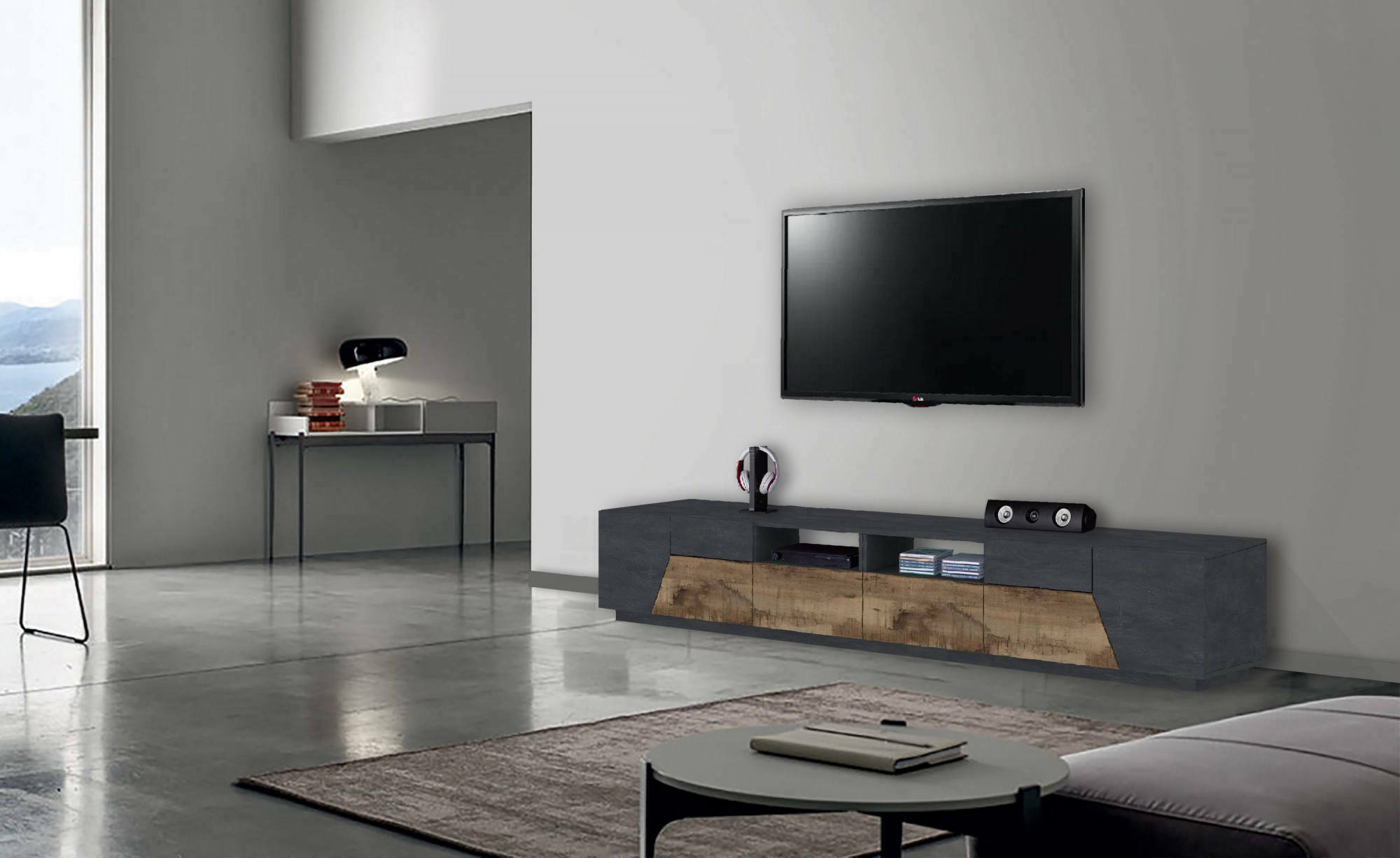 foto del prodotto mobile porta tv asdrubale, credenza bassa da soggiorno a 4 ante, base porta televisione, 100 made in italy, cm 260x43h46, ardesia e acero dmora