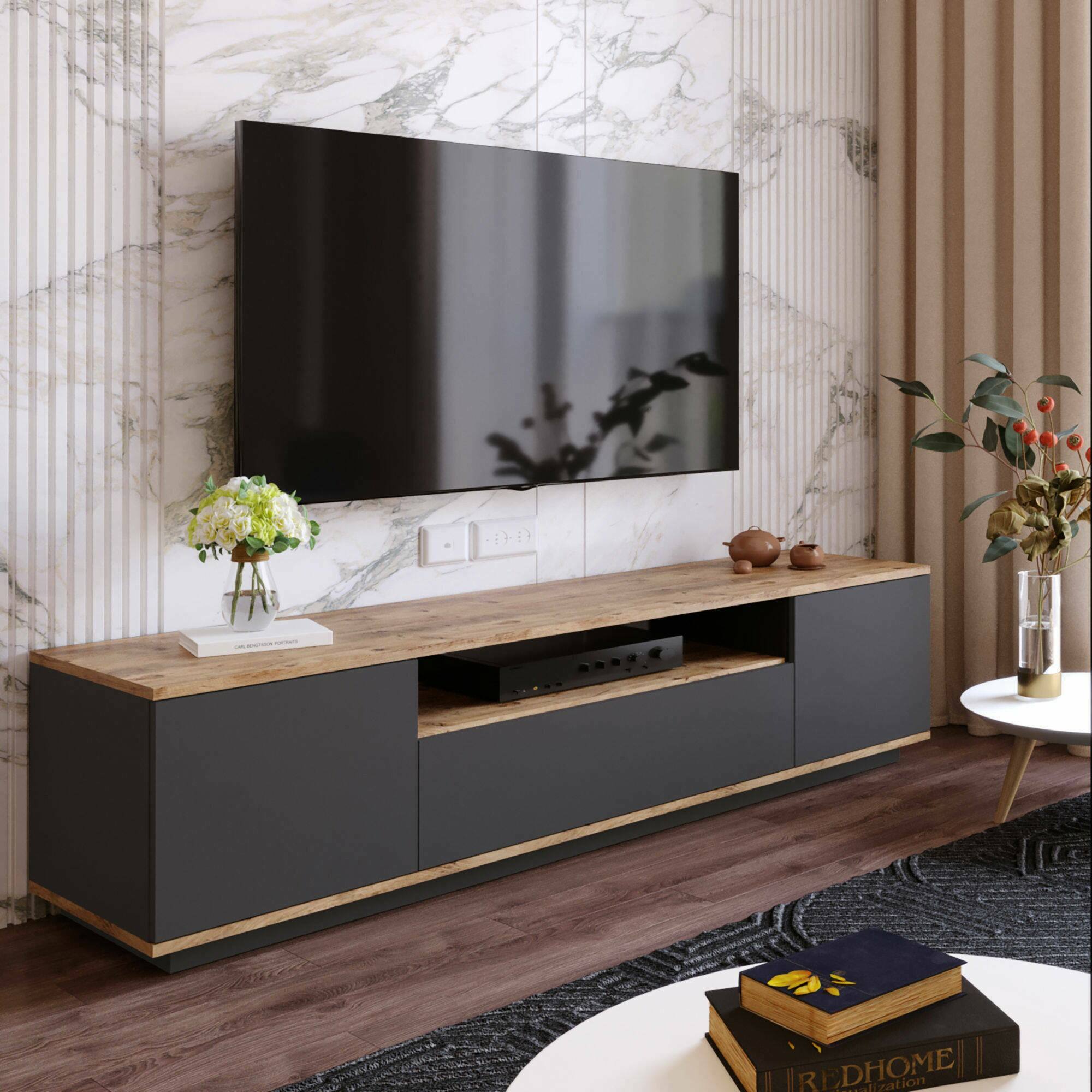 foto del prodotto mobile porta tv asellina, credenza da soggiorno, armadio basso per tv, base parete attrezzata, 180x45h45 cm, quercia e antracite