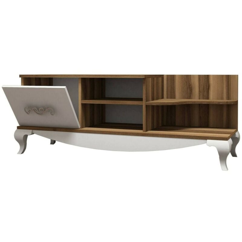 foto del prodotto mobile porta tv assolo, credenza da soggiorno, armadio basso per tv, base parete attrezzata, 130x45h51 cm, noce e bianco - dmora
