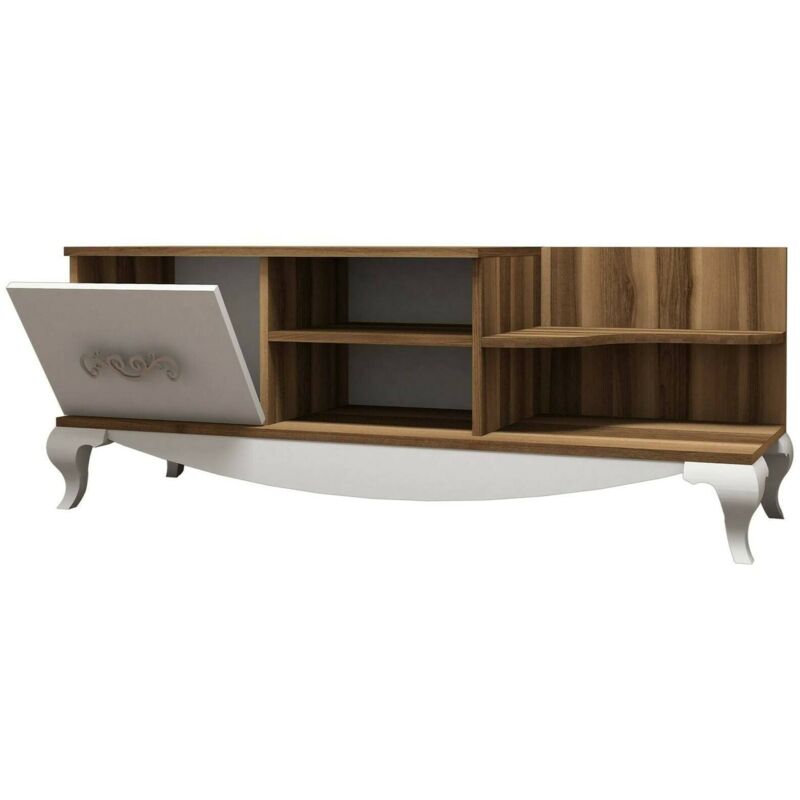 foto del prodotto mobile porta tv assolo, credenza da soggiorno, armadio basso per tv, base parete attrezzata, 130x45h51 cm, noce e bianco - dmora