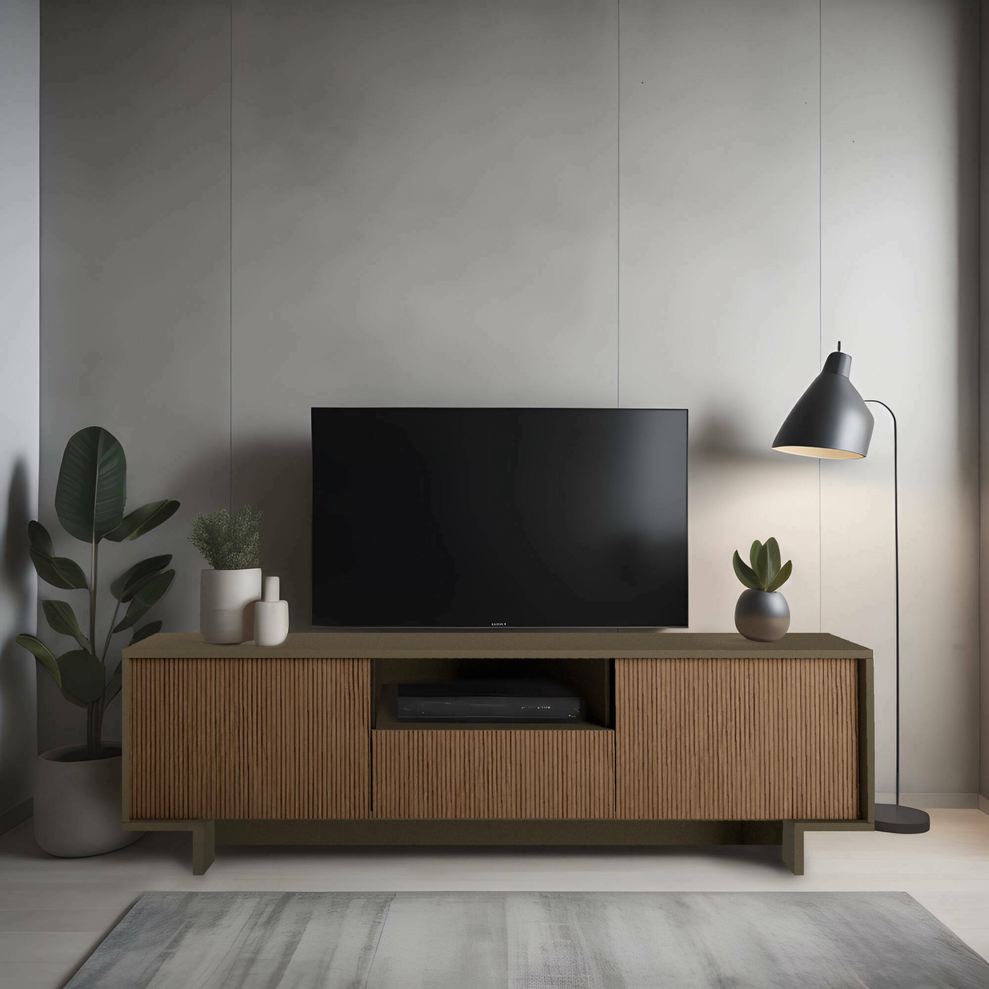 foto del prodotto mobile porta tv atina, supporto per televisione da salotto, credenza bassa da soggiorno a 2 ante e 1 cassetto, 100 made in italy, 170x42h48 cm, marrone e noce