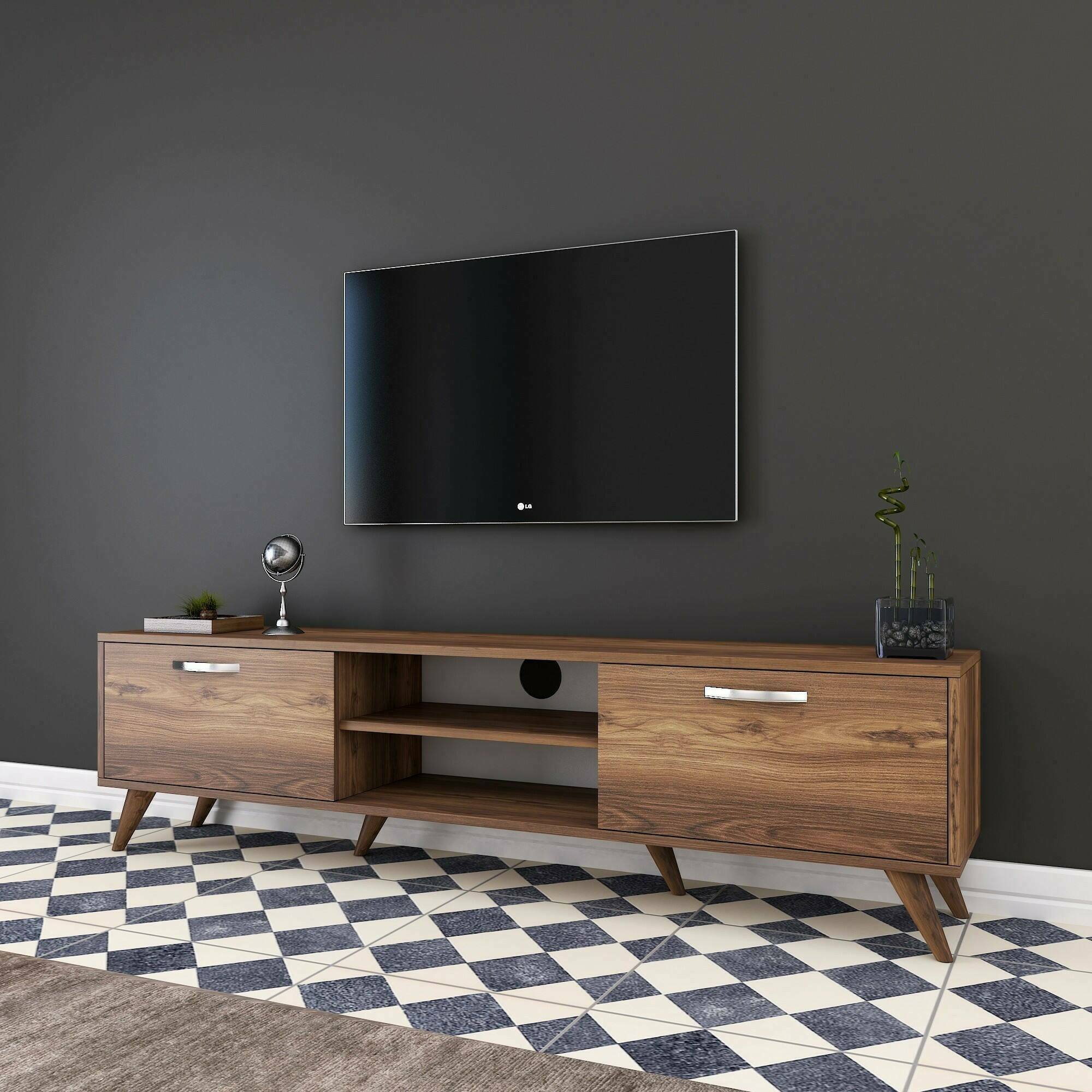 foto del prodotto mobile porta tv avir, credenza da soggiorno, armadio basso per tv, base parete attrezzata, 180x35h49 cm, noce