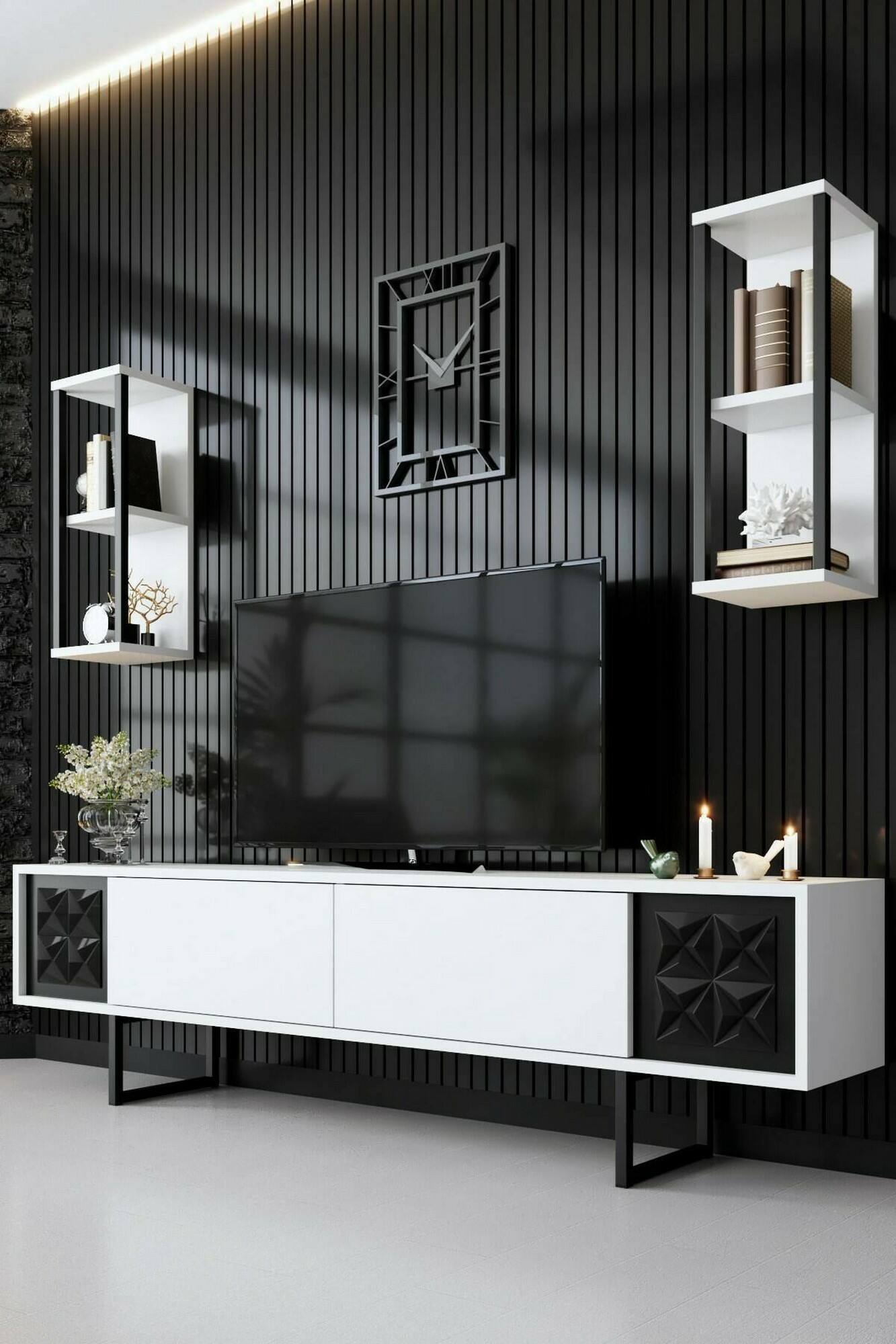 foto del prodotto mobile porta tv axa, credenza da soggiorno, armadio basso per tv, base parete attrezzata, 180x30h48 cm, bianco e nero