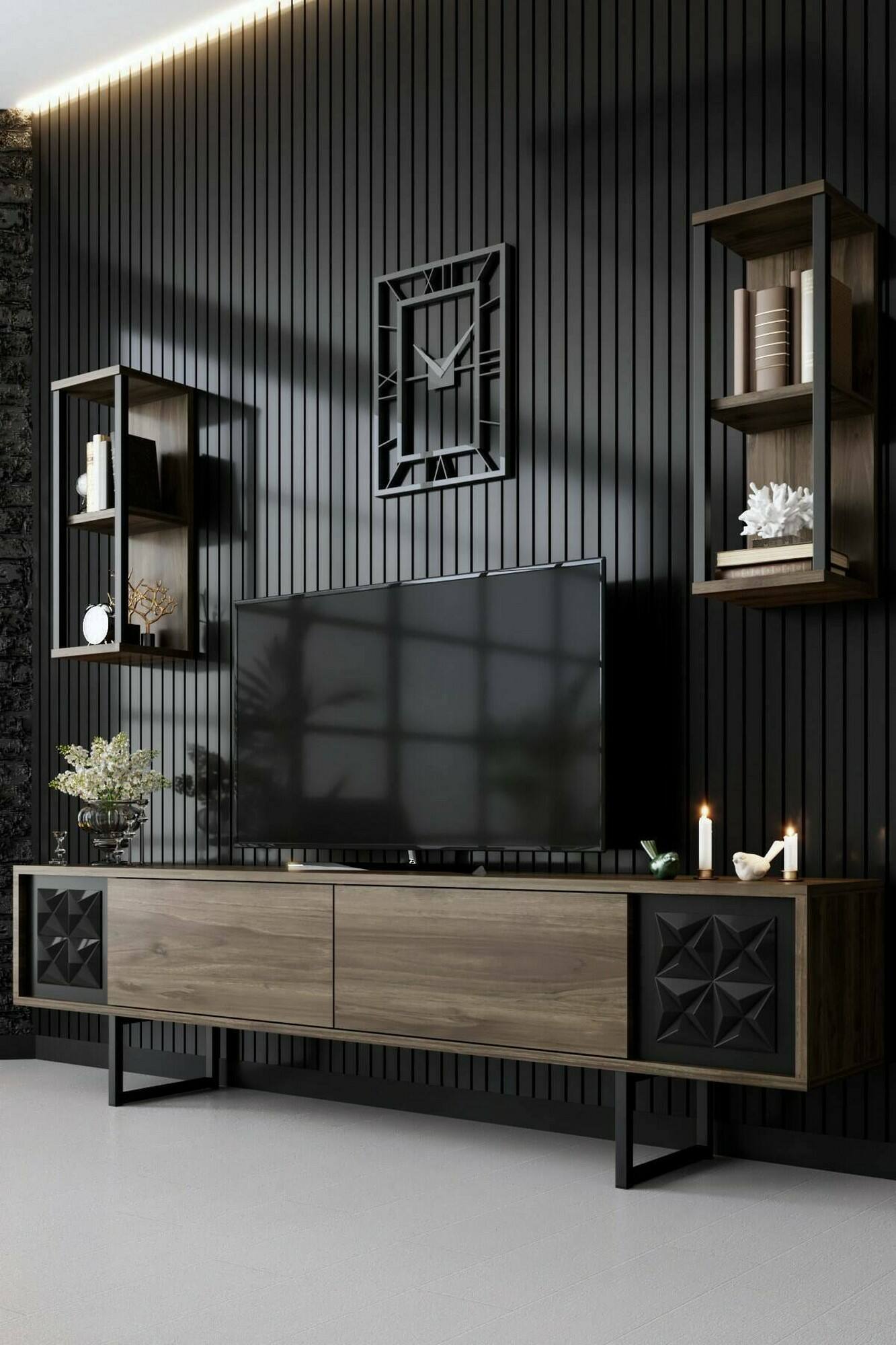 foto del prodotto mobile porta tv axa, credenza da soggiorno, armadio basso per tv, base parete attrezzata, 180x30h48 cm, noce e nero