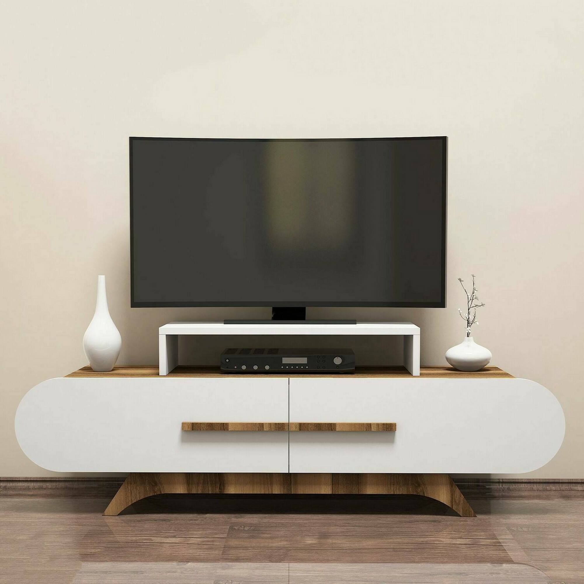 foto del prodotto mobile porta tv baghdad, credenza da soggiorno, armadio basso per tv, base parete attrezzata, 145x37h50 cm, noce e bianco
