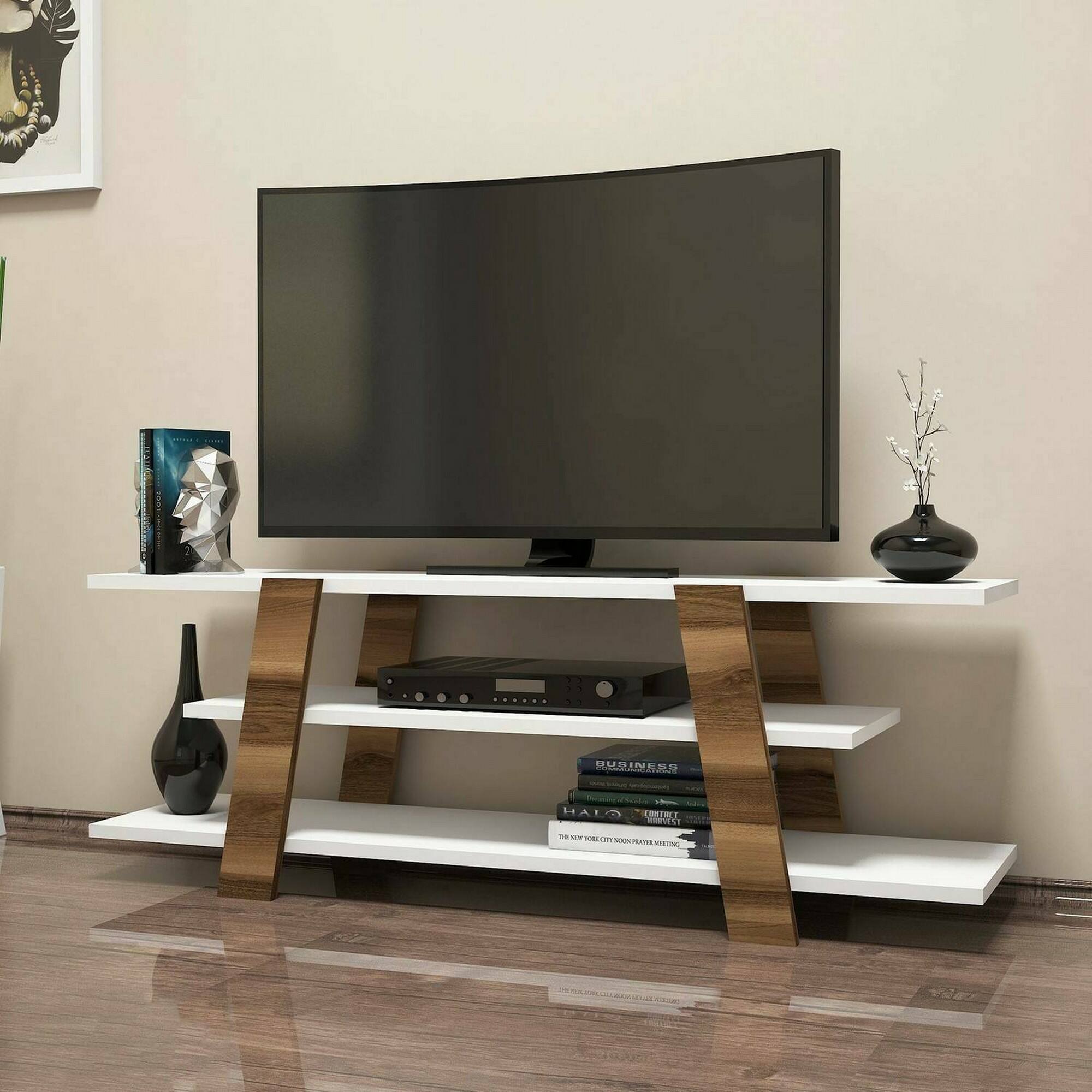 foto del prodotto mobile porta tv bellagio, credenza da soggiorno, armadio basso per tv, base parete attrezzata, 120x34h42 cm, noce e bianco