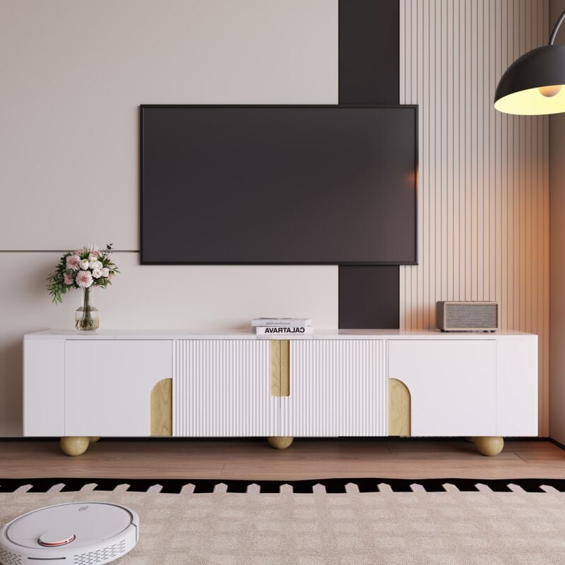foto del prodotto mobile porta tv bianco dal design elegante 180l x 40p x 44h cm, 4 ante, superficie effetto marmo, gambe sferiche in legno