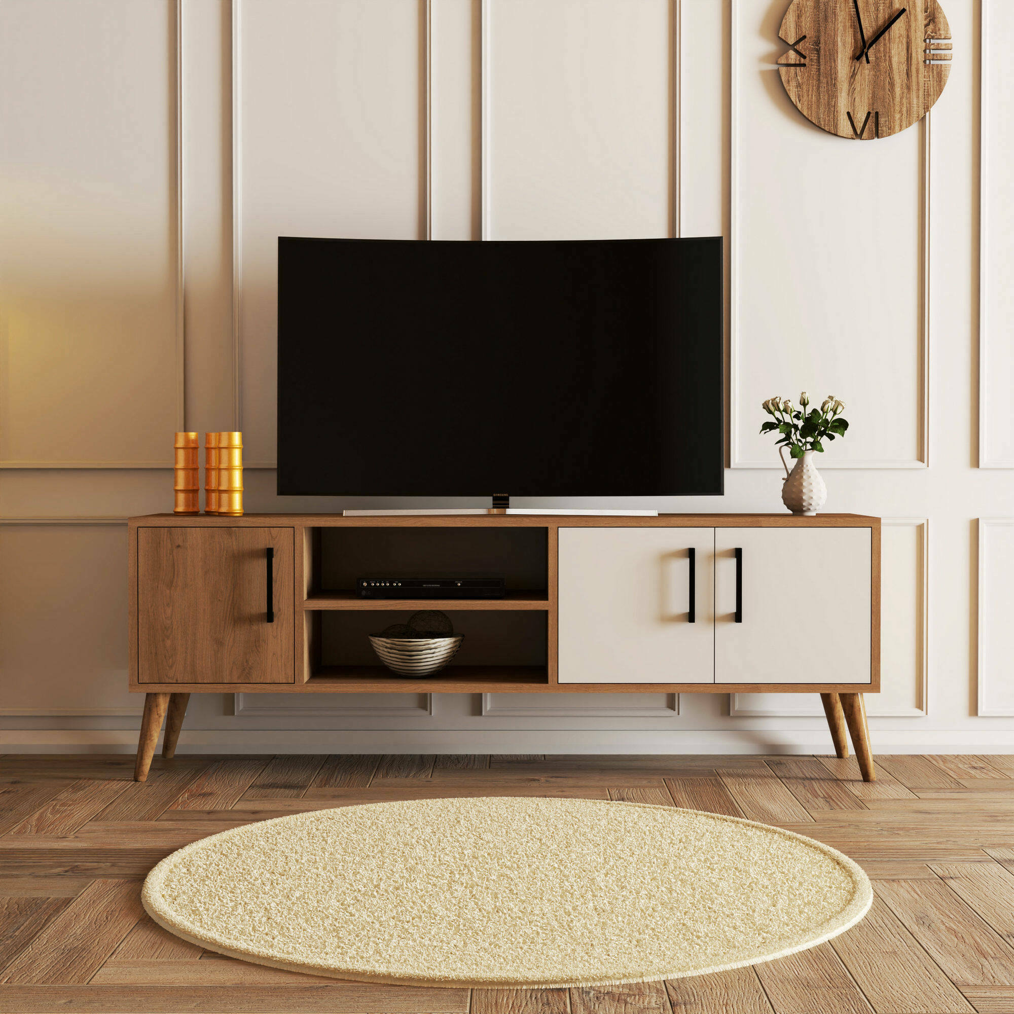 foto del prodotto mobile porta tv brugine, credenza da soggiorno, armadio basso per tv, base parete attrezzata, 150x34 h52 cm, quercia e bianco