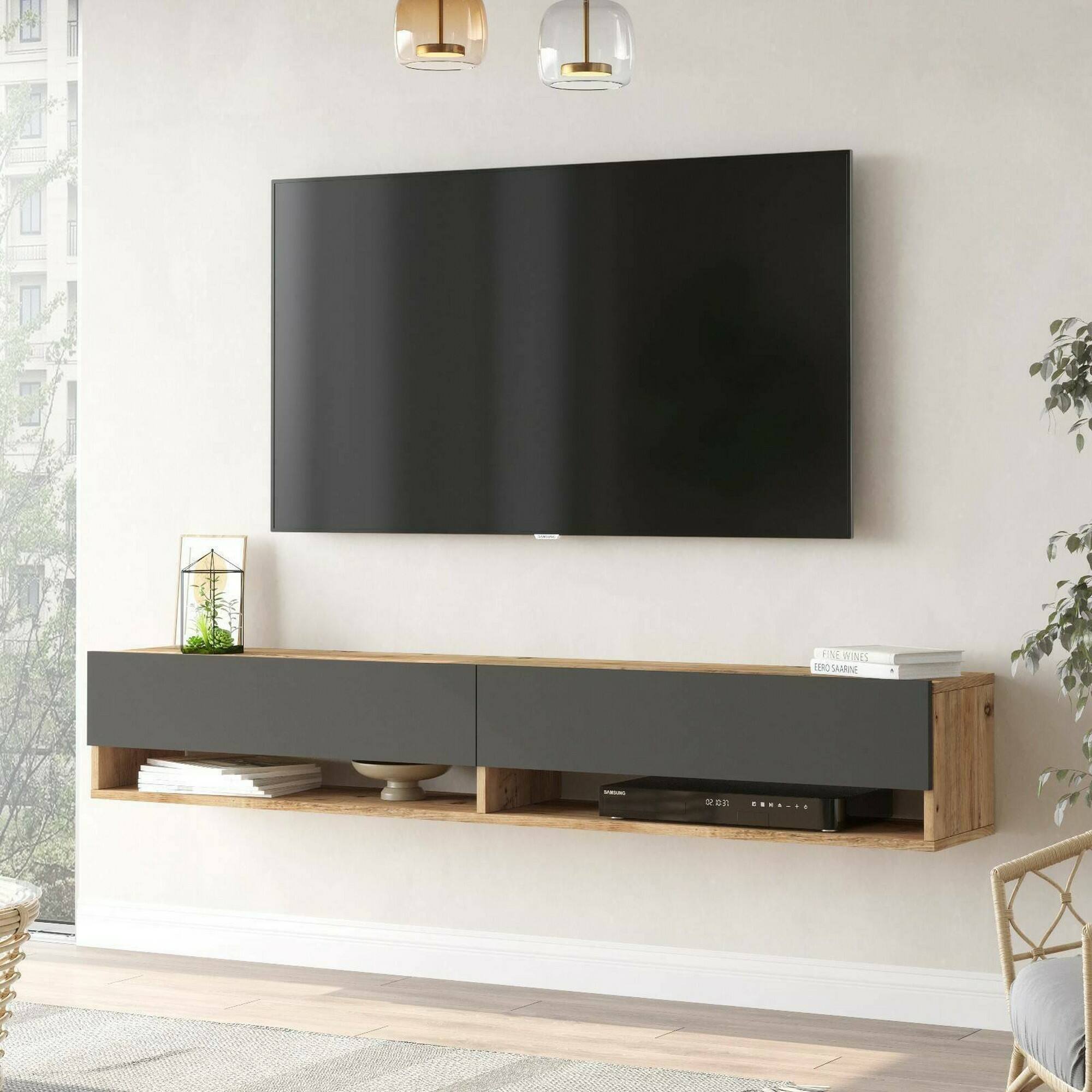 foto del prodotto mobile porta tv compasso, credenza da soggiorno, armadio basso per tv, base parete attrezzata, 180x32h29 cm, quercia e antracite