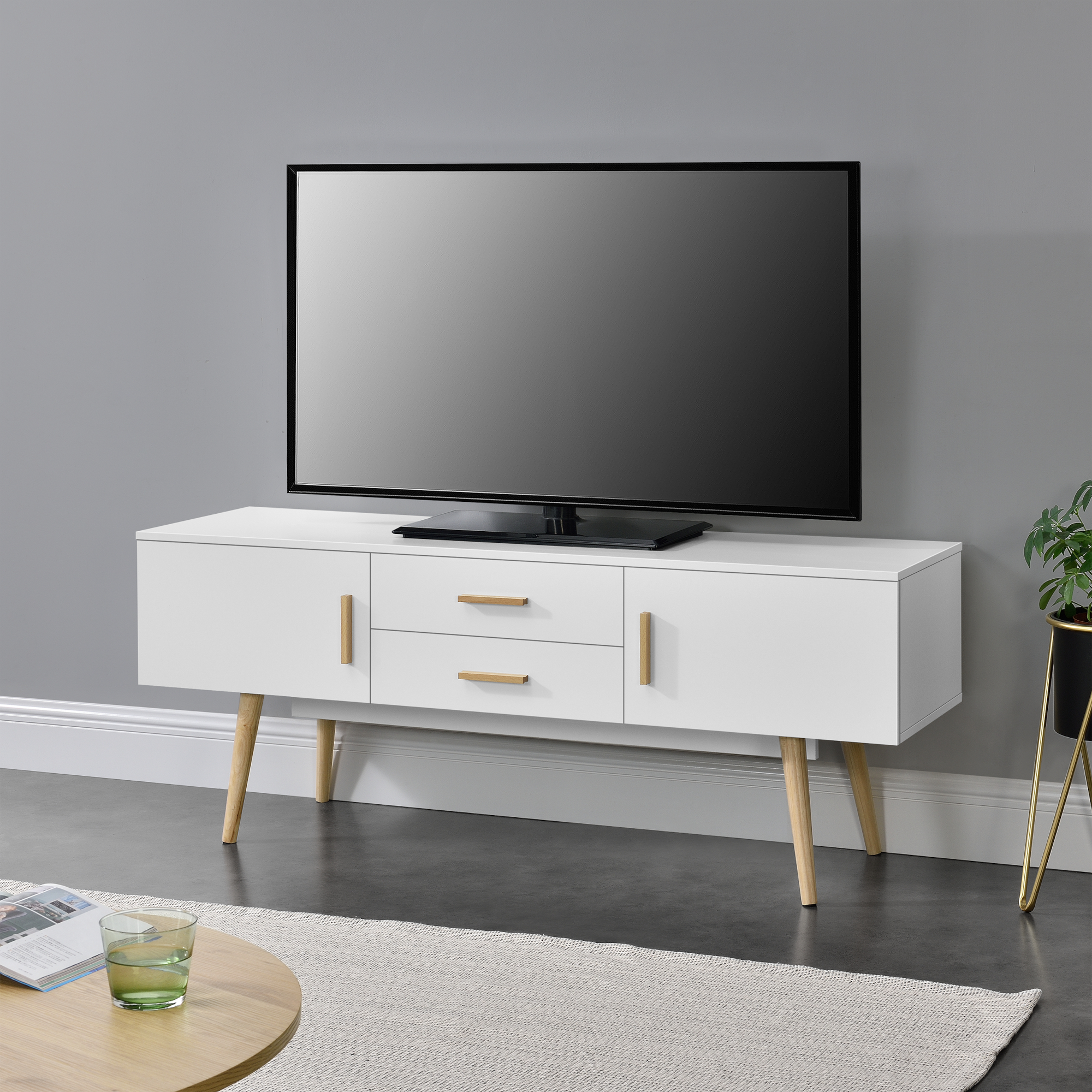foto del prodotto mobile porta tv con 2 armadi e 2 cassetti 140 x 40 x 56 cm supporto tv con passaggio cavi tavolino consolle bianco