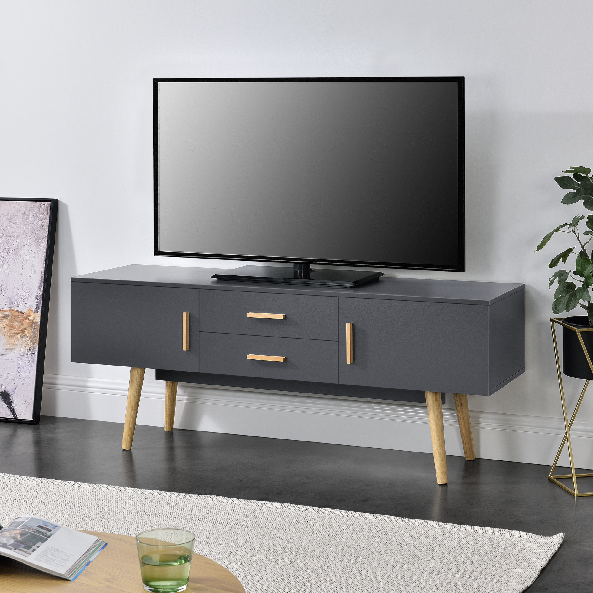 foto del prodotto mobile porta tv con 2 armadi e 2 cassetti 140 x 40 x 56 cm supporto tv con passaggio cavi tavolino consolle grigio