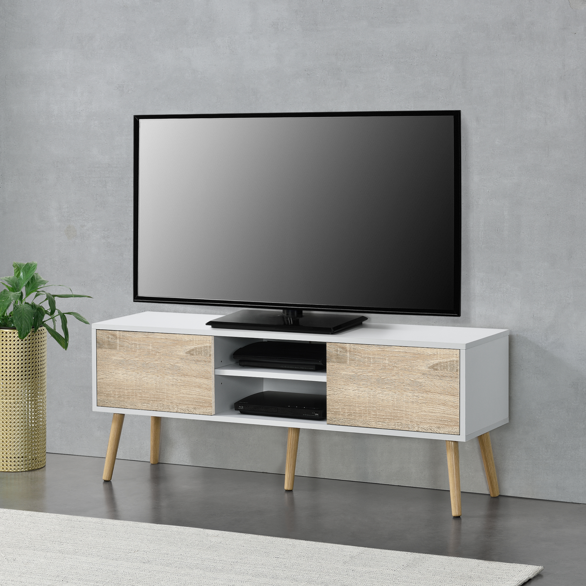 foto del prodotto mobile porta tv con 2 armadietti e 2 scomparti aperti 120 x 29,5 x 46,5 cm supporto tv con passaggio cavi tavolino