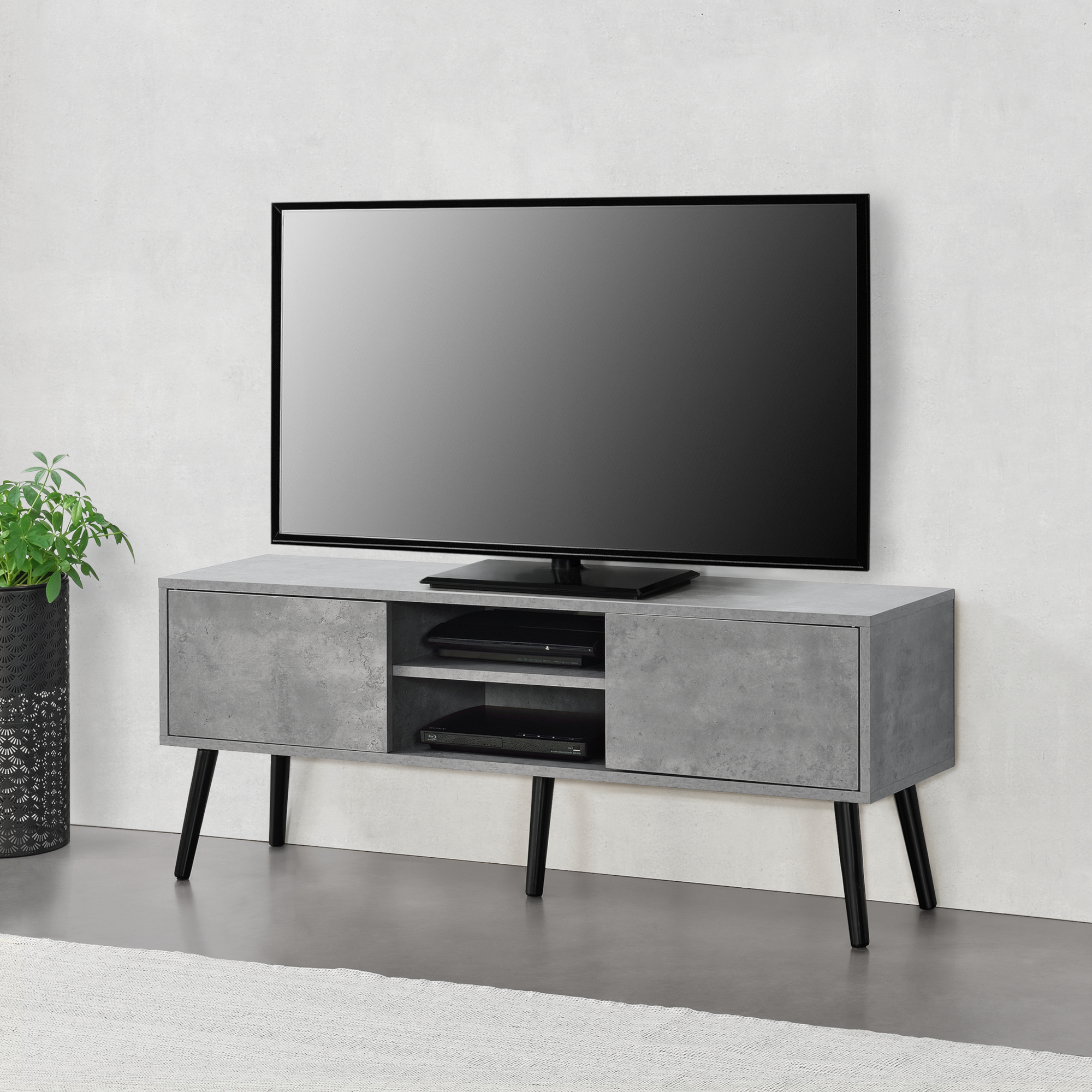 foto del prodotto mobile porta tv con 2 armadietti e 2 scomparti aperti 120 x 29,5 x 46,5 cm supporto tv con passaggio cavi tavolino