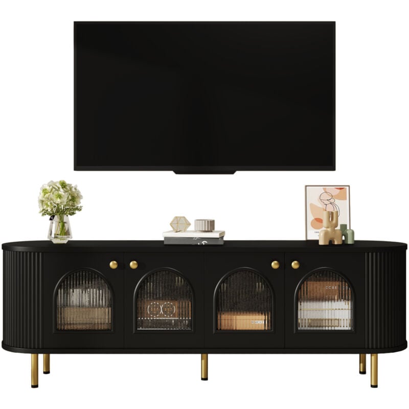 foto del prodotto mobile porta tv, credenza bassa con ante in vetro, pratico mobile contenitore per il soggiorno, maniglie e piedini dorati