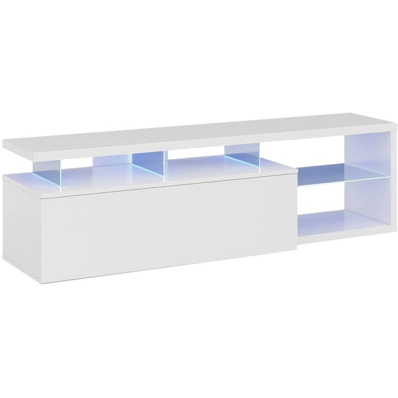 foto del prodotto mobile porta tv, credenza per televisione da soggiorno con 1 anta, supporto tv con luce led, buffet da salotto, cm 150x41h50, bianco lucido