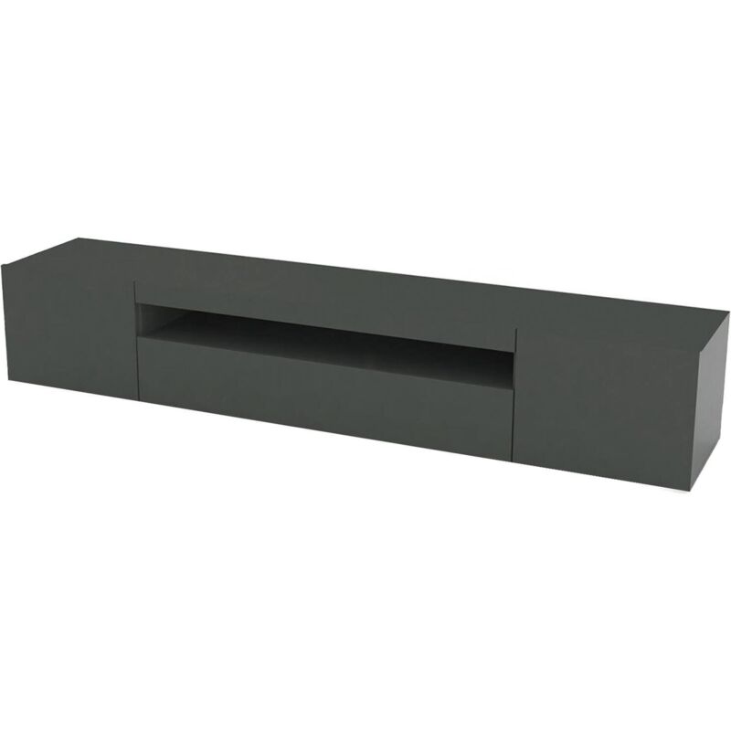 foto del prodotto mobile porta tv dafrim, credenza bassa da soggiorno a 3 ante, base porta televisione, 100 made in italy, cm 200x40h37, antracite lucido, con luce