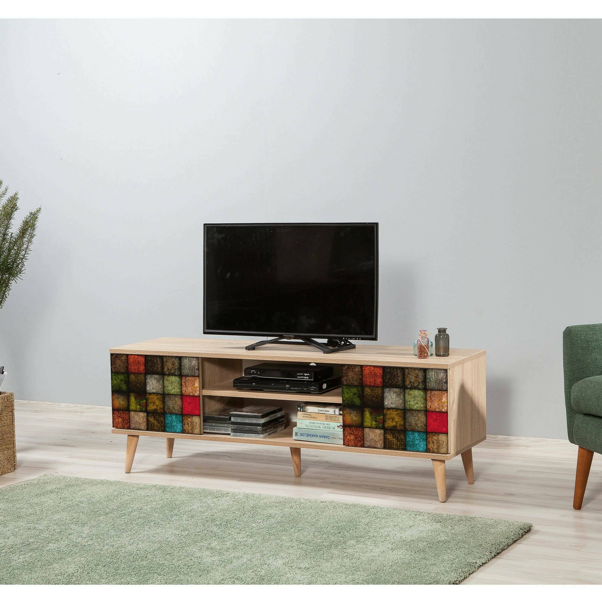 foto del prodotto mobile porta tv enrica, credenza da soggiorno, armadio basso per tv, base parete attrezzata, 140x40h50 cm, quercia e multicolore
